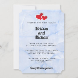2 Rot Paper Heroes on Light Blue Marmor Hochzeit Einladung