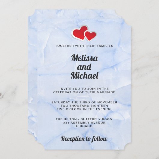 2 Rot Paper Heroes on Light Blue Marmor Hochzeit Einladung (Vorne/Hinten)