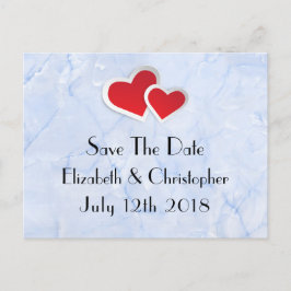 2 Rote Herzen auf Icy Blue Marmor Save the Date Ankündigungspostkarte