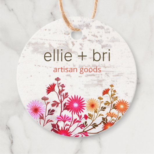 2" Round Country Floral Boho White Wood Hang Tag Geschenkanhänger (Vorderseite)
