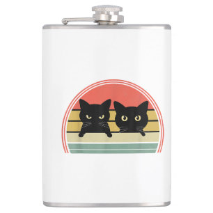 2 Schwarze Katzen Peeking Vintage Retro Katze Lieb Flachmann