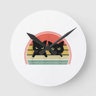 2 Schwarze Katzen Peeking Vintage Retro Katze Lieb Runde Wanduhr