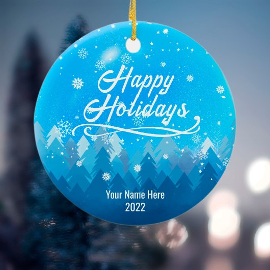 2-seitig Custom Blue Snow & Forest Frohe Weihnacht Keramik Ornament