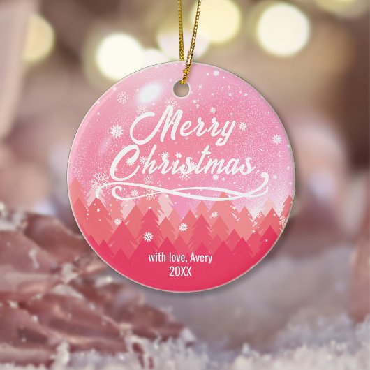 2-seitig Custom Pink Snow & Forest Frohe Weihnacht Keramik Ornament