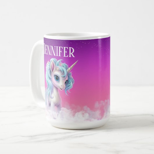 2-seitig Einhorn auf Wolken, rosa Himmel, Sterne & Kaffeetasse (Vorderseite Links)