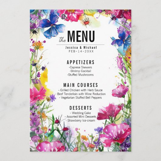 💓 2-seitige Hochzeitsmenü Meadow Bloom Sammlung Menükarte (Vorderseite)