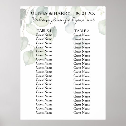 2 Tabelle Aquarellfarben Ecalyptus Hochzeitsstift Poster (Vorne)
