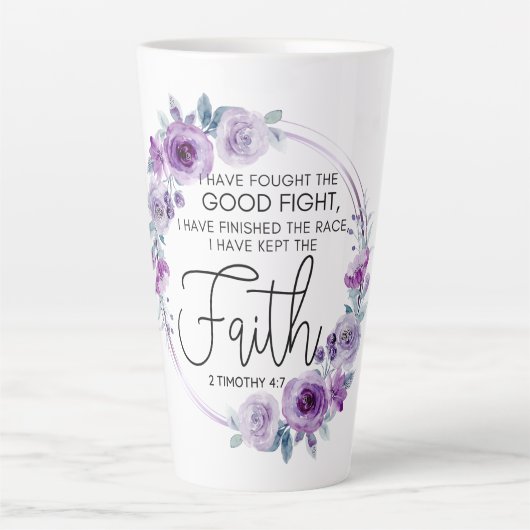 2 Timothy 4:7 Ich habe den Glauben Lila Floral beh Milchtasse (Vorderseite)