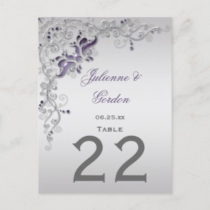 #2 Tischkarten Verzierte Lila Silberblumen-Wirbel Postkarte