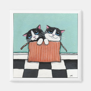 2 Tuxedo Katzen in einer Box   Cat Art Magnet