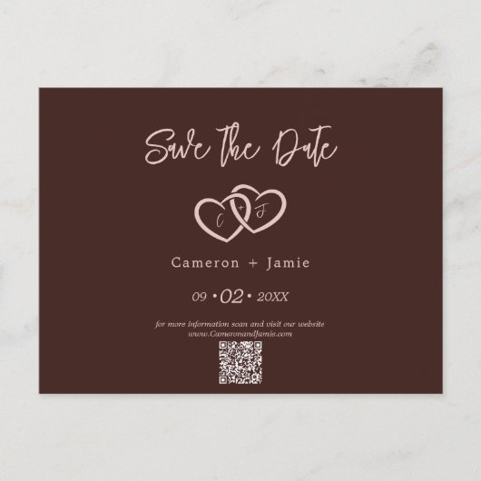 2 Verflochtene Herzen mit Initialen Save the Date Postkarte (Vorderseite)