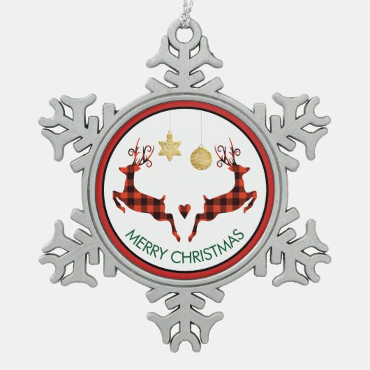 2 Weihnachten Hirsch Springen Rustikaler Stil Schneeflocken Zinn-Ornament (Vorderseite)