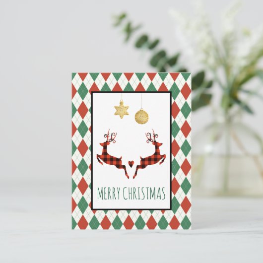 2 Weihnachtsfest Hirsch Jumping Rustikaler Style U Postkarte (Stehend Vorderseite)