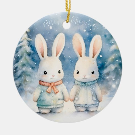 2 Weihnachtskaninchen Keramik Ornament (Vorne)