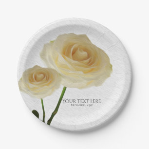 2 weiße bemalte Rosen elegante Brautparty Pappteller