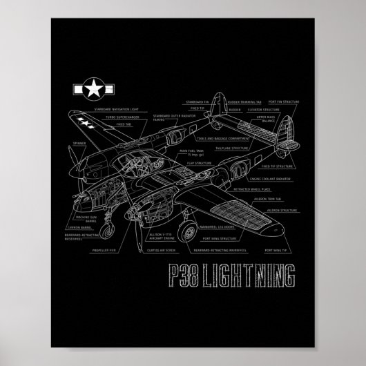 2. Weltkrieg P-38-Lightning Fighter Airplane Bluep Poster (Vorne)