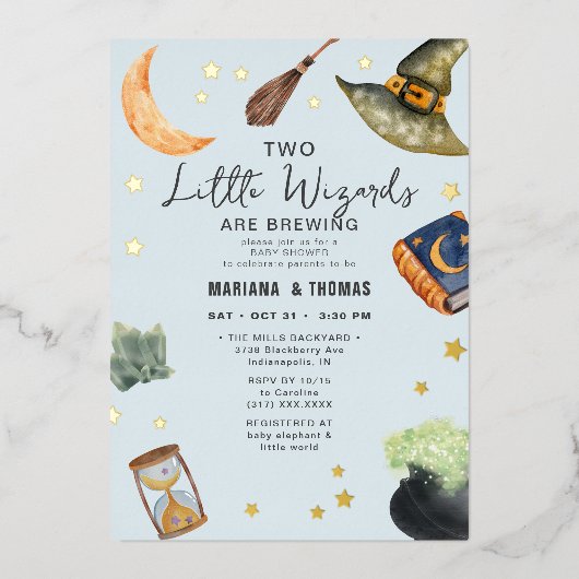2 Wizards Brewing Twin Boys Halloween Baby Shower Folieneinladung (Vorderseite)