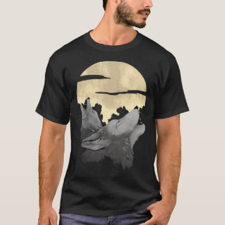 2 wolves howl the moon at night T-Shirt