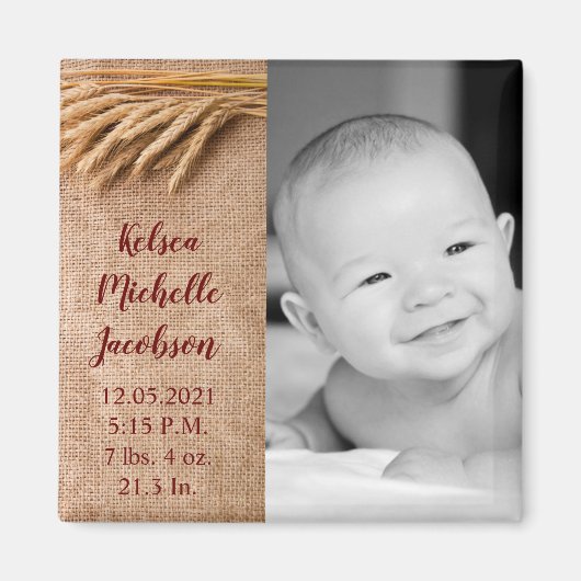 2"x2" Birth Announcement Magnet Wheat on Burlap Sa (Vorne)