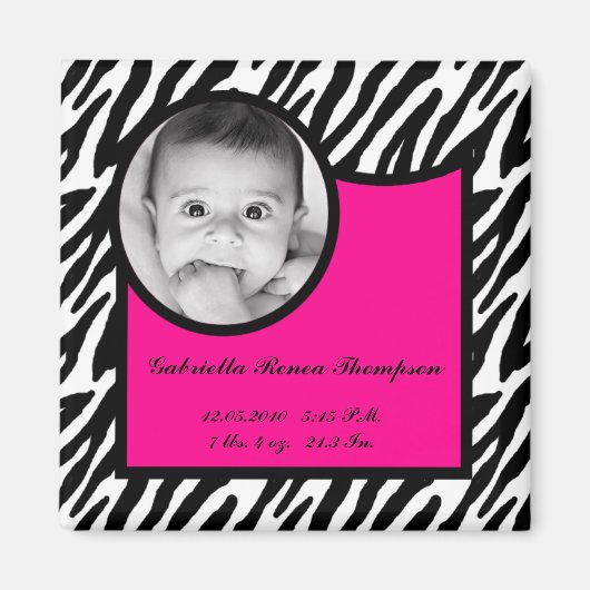 2"x2" Geburtshinweis Magnet Hot Pink Zebra (Vorne)