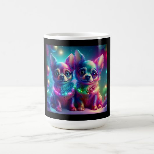 2 Young Chihuahua Pups In Colorful Christmas Scene Kaffeetasse (Mittel)