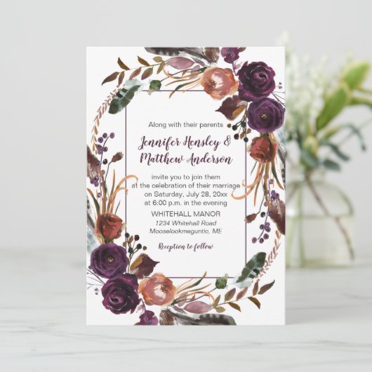#2Butter Rum Rust Dunkle Lila Rose Wraath Wedding Einladung (Stehend Vorderseite)