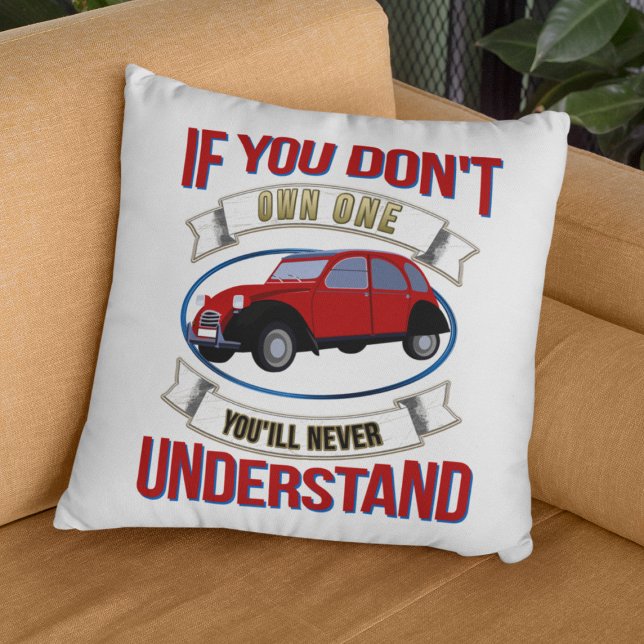 2CV Deux Chevaux Oldtimer Sie werden nie verstehen Kissen (2CV Pillow in White with a Red Blue Oldtimer illustration)