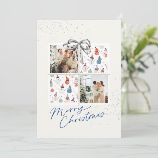 2er Foto Karte Silber-Blau Muster Weihnachtsgesche (Stehend Vorderseite)