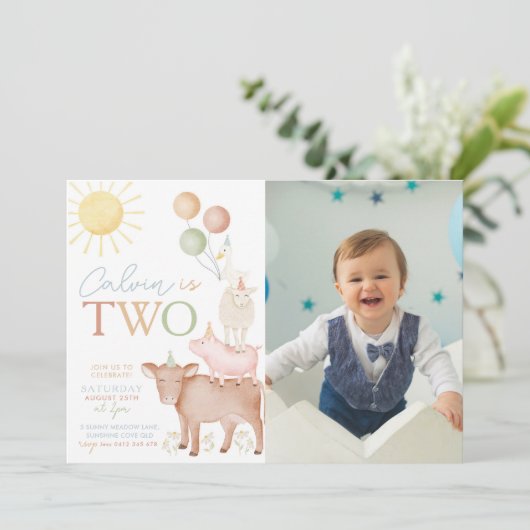 2nd Birthday Farm Animals Barnyard Party Photo Einladung (Stehend Vorderseite)