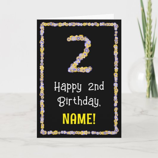 2nd Birthday: Floral Flowers Number, Custom Name Karte (Vorderseite)