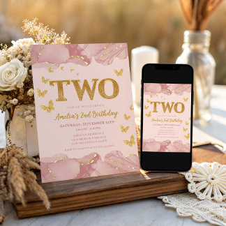 2nd Birthday Invitation Pink Gold Glitter Girl Einladung