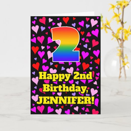 2nd Birthday: Loving Hearts Pattern, Rainbow # 2 Karte (Gelbe Blume)