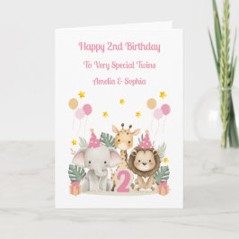 2nd Birthday Safari Animals Twin Girls Card Karte
