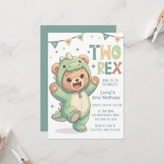 2nd Dino Birthday Party | Cute Teddy Bear Dinosaur Einladung