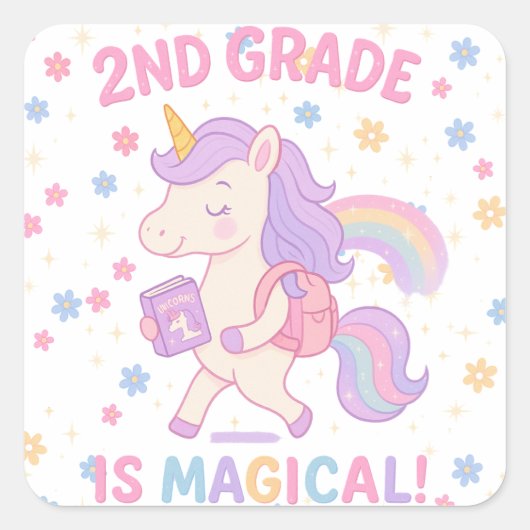 2nd Grade is Magical Unicorn Back School Teacher Quadratischer Aufkleber (Vorderseite)