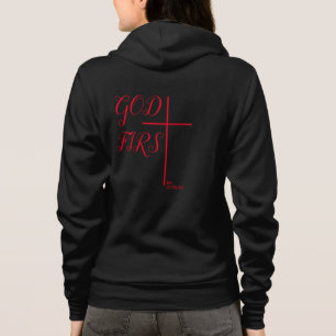 303WW "GOD FIRST" CROSS Black ZIP-UP quoted Hoodie