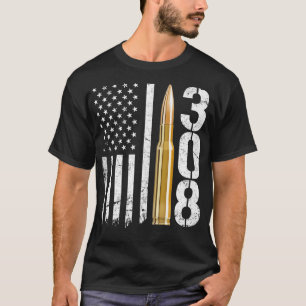 308 Gun Ammo Bullet 308 Caliber Rifle USA Flag T-Shirt