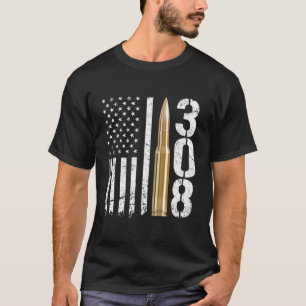308 Gun Ammo Bullet 308 Caliber Rifle USA Flag T-Shirt