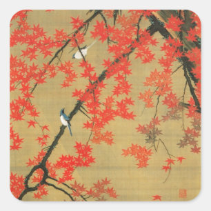 30. 紅 葉 小 図, 若 冲 Maple & Small Birds, Jakuchū Quadratischer Aufkleber