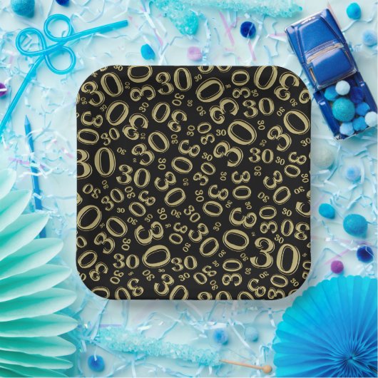 30. Age Random Number Pattern Gold/Schwarz Pappteller (Party)