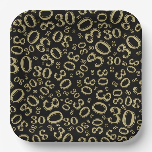 30. Age Random Number Pattern Gold/Schwarz Pappteller (Vorderseite)