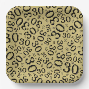 30. Age Random Number Pattern Schwarz/Gold Pappteller