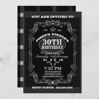 30. BIRTHDAY INVITATION, Black & Gray Whisky Labra Einladung