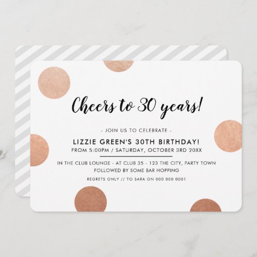30. BIRTHDAY PARTY stilvolle Rose Goldpolka-Punkte Einladung (Vorne/Hinten)