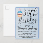 30. Blue Watercolor Cupcake Birthday Einladungspostkarte (Vorne/Hinten)