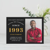 30. Geburtstag 1993 Name Foto Black Gold Einladung (Stehend Vorderseite)