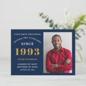 30. Geburtstag 1993 Name Foto Blue Gold Einladung (Stehend Vorderseite)