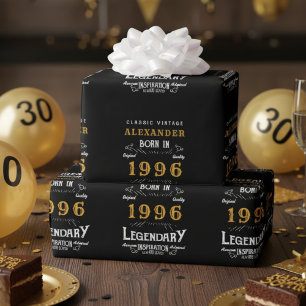 30. Geburtstag 1996 Schwarz Gold Namen hinzufügen Geschenkpapier