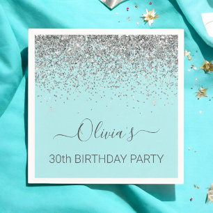 30. Geburtstag Aqua Blue Aquamarin Silver Glitzer Serviette