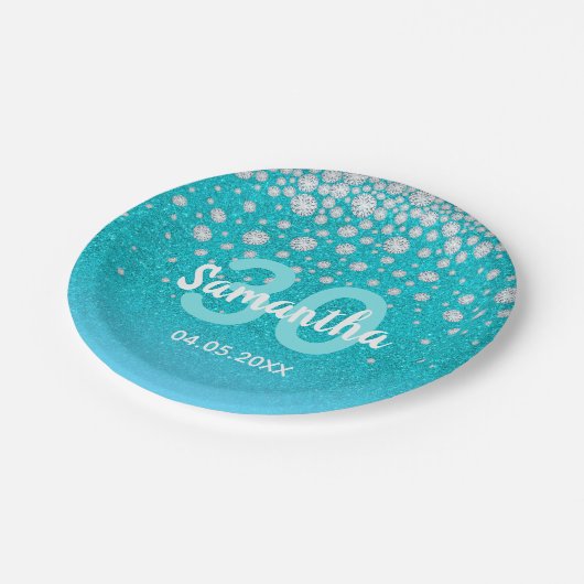 30. Geburtstag aquamariner blauer Glitzer Pappteller (Schrägansicht)